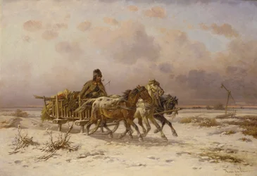 En bonde i en släde som kör tre hästar
