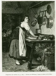 Nudelberedning. Gravyr av Hildibrand, för att illustrera berättelsen A Through Alsace and Lorraine, 1887, av Charles Grad, tysk deputerad, i tour du monde 1888, regisserad av Edouard Charton (1807-1890), Hachette, Paris.