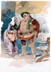 Akt III i operan av Giuseppe Verdi "" Falstaff "": Falstaff och snabbt ("Du förhäxar dem alla ..."). Illustration av Hohenstein. Teatermuseet La Scala, Milano 1893