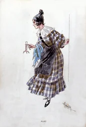 Kostym för gestalten Mimì i operan "La Bohème" av Giacomo Puccini (1858-1924). Akvarell av Adolfo Hohenstein.