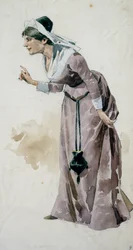 Dräktskiss av Adolf Hohenstein (1854-1928) för premiären av operan Falstaff, av Giuseppe Verdi (1813-1901), framförd på teatern La Scala i Milano, 9 februari