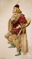 Kostymskiss av Adolfo Hohenstein (1854-1928) för Zanetto, opera av Pietro Mascagni (1863-1945)