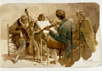 Fyra musiker Tre violinister och en cellist. Affisch av Adolfo Hohenstein (1854-1928) Dim. 293x454 cm Privat samling