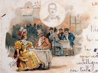 Vykort av Adolfo Hohenstein (1854-1928) skapat vid uruppförandet av operan La Boheme, av Giacomo Puccini (1858-1924), som skildrar scen från andra akten