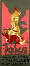Affisch i Liberty-stil för operan ”La Tosca” av Giacomo Puccini (1858-1924), 1906, mått 30x13,5 cm, illustration av Adolfo Hohenstein (1854-1928), Milano, privat samling