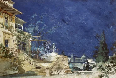 Scenografi av Adolfo Hohenstein (1854-1928) för premiär av Zanetto, opera av Pietro Mascagni (1863-1945)