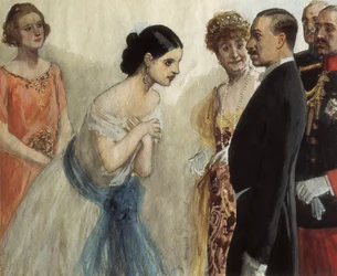 Presentation av en dam för Alfonso (Alphonse) XIII av Spanien (1886-1941). Målning av Adolfo Lozano Sidro (1872-1935), olja på duk. Privat samling.