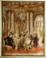 Det runda bordet för Fredrik II av Preussen (1712-1786) med Voltaire (Francois-Marie (Francois Marie) Arouet de Voltaire (1694-1778) och Christoph Ludwig von Stille (1696-1752) vid Sanssouci-palatset - Skiss av Adolph Friedrich von Stille Menzel (1815-1905