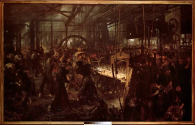 Metallurgi: "" Valsverket, arbeta i smedjan"" Målning av Adolf Menzel (1815-1905)