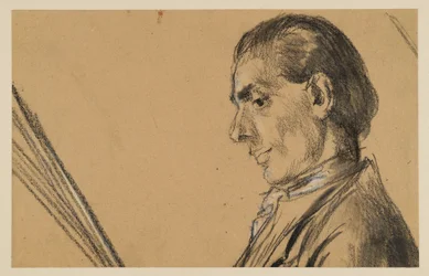 Bröstbild av en ung man med nedslagen blick. Profil åt vänster. Förstudie till målningen "Fredrik den stores flöjtkonsert i Sanssouci"