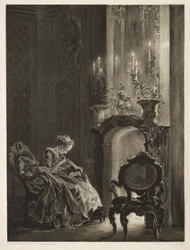 Essä om sten med borste och skrapa: Kvinna som läser vid elden, 1851.