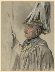 Friedrich greve von Wrangel i mantel med hjälm och fjäderbuske, nästan i profil åt vänster, porträttstudie till "Vilhelm I:s kröning i Königsberg"