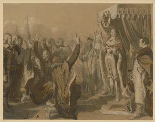 Fredrik Vilhelm, kurfurste av Brandenburg, tar emot de preussiska ståndens arvshyllning i Königsberg den 18 oktober 1663. Skiss till "Minnesvärdheter ur Brandenburg-Preussens historia"