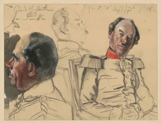 Infanterigeneral Eduard von Peucker, 1. Huvudstudie, profil åt vänster, 2. Bröstbild något åt höger, blick åt vänster, däremellan huvudstudie, profil åt höger, studier till Porzrätts verket ”Wilhelm I:s kröning i Königsberg”