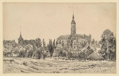 Liten stad med högt kyrktorn
