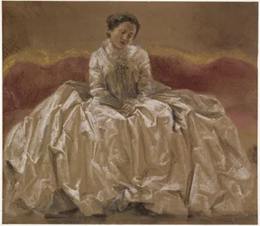 Modellstudie (Menzels syster Emilie) förställande prinsessan Wilhelmine av Preussen (markgrevinnan Wilhelmine av Bayreuth) sittande på soffan. Förstudie till målningen ”Fredrik den stores flöjtkonsert i Sanssouci”