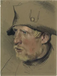 Soldat med blond mustasch och hakskägg i trekornig hatt, huvudstudie