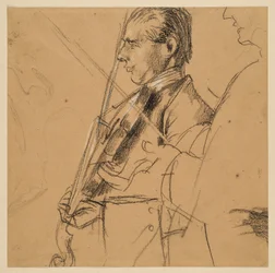 Violinist. Halvfigur. Profil åt vänster. Profilskiss till höger. Förstudie till målningen "Fredrik den stores flöjtkonsert i Sanssouci"