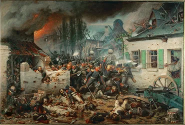 Preussiska trupper stormar byn Plancenoit under slaget vid Waterloo (olja på duk)