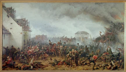 Försvaret av gården La Haye Sainte, slaget vid Waterloo, Napoleons slutliga nederlag (olja på duk)