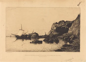 Fiskebåt som stannar i Collioures klippor