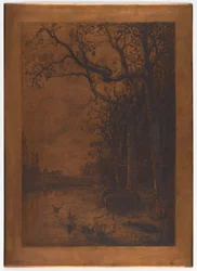 Etsad kopparplåt "Landskap med ankor" av Adolphe Appian