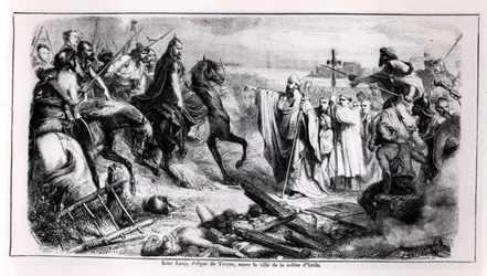 St. Loup försvarar staden Troyes mot Hunnen Attila (c.406-453) på sin häst, illustration från Frankrikes historia, 1800-talets andra hälft (bw foto)