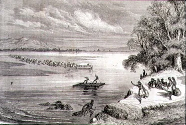 Korsar Coloradofloden på 1860-talet (gravyr)