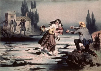 Eliza korsar Ohioflodens isflak till frihet, illustration från 