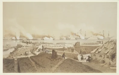 Bombardering av Kil-Bouroun vid mynningen av floden Dnepr av den franska flottan, från Nos Souvenirs de Kil-Bouroun hängsmycke LHiver passe dans Le Liman du Dnepr, 1855-56, graverad av Eugene Ciceri (1
