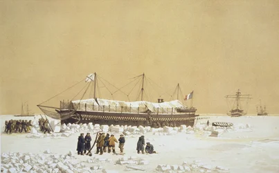 Flytande batteri La Tonnante i isen före Kil-Bouroun, från Nos Souvenirs de Kil-Bouroun hängsmycke LHiver passe dans Le Liman du Dnieper, 1855-56, graverad av Eugene Ciceri (1813-90) publicerad c.18