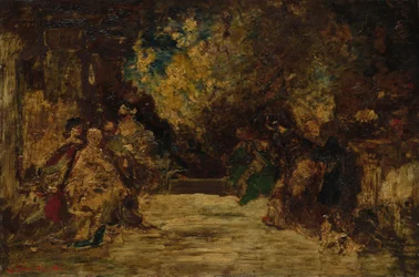 Figurer på en terrass, ej daterad (olja på träpanel)