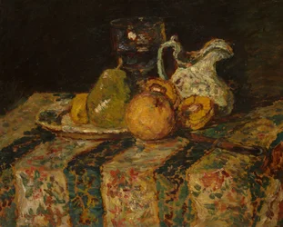 Stilleben med frukt och vinkanna