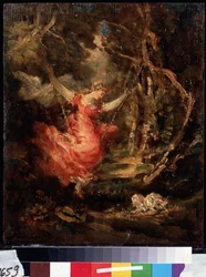 ""Sur la balancoire"" (På gungan) Målning av Adolphe-Thomas-Joseph (Adolphe Thomas Joseph) Monticelli (1824-1886). Olja på trä. Pushkin-museet, Moskva
