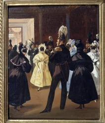 Kejsar Alexander I av Ryssland (1777-1825) vid en maskeradbal (kejsar Alexander I vid maskeradbalen). Festlig mottagning av den ryska aristokratin på 1800-talet. Målning av Adolphe Ladurner (1798-1856), olja på duk, cirka 1830. Fransk 1800-talskonst