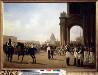 Militärparad på Palace Square i Sankt Petersburg (Parad på Palace Square i Sankt Petersburg). Målning av Adolphe Ladurner (1798-1856), olja på duk