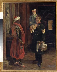 En scen vid hovet. Målning av Adolphe Ladurner (1798-1856), olja på duk, cirka 1840. Fransk 1800-talskonst. Statens Borodino krigs- och historiska museum, Moskva.