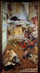 Gavroche har barrikaden. Illustration till ”Samhällets olycksbarn” av Victor Hugo (1802-1885). Målning av Adolphe Willette (1857-1926), 1800-talet, Paris, Maison Victor Hugo