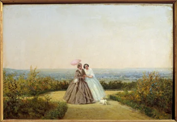 Kvinnor i trädgården. Målning av Adolphe Potemont (1828-1883)