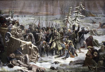 Marskalk Michel Ney (1769-1815) drog sig tillbaka från Ryssland 1812. Gravyr efter Yvons målning.