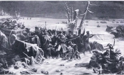 Marskalk Ney stödjer bakvakten under reträtten från Moskva, illustration från Landmarks in European History publicerad av Gresham Publishing Co, ca 1920 (lito)