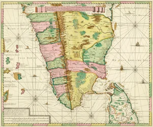 Karta över södra Indien och Ceylon, efter ett verk som gjordes cirka 1720 av den holländska kartografen Adriaan Reland