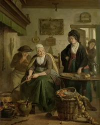 Kvinna som bakar pannkakor Gammal kvinna som gör pannkakor