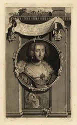 Elisabeth Stuart, drottning av Böhmen, kurfursten av Pfalz, hustru till Fredrik V, vinterkungen. Elisabeth, Reine de Boheme. I klänning med ganska skurna ärmar, spetskrage med pärlor. Vinjett av kvinna som funderar över en fallen krona. Koppargravyr