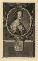 Henrietta Maria av Frankrike, hustru till kung Karl I av England. Henriette Marie de France. I klänning med spetskrage, pärlhalsband. Med krona och vapen. Kopparstick av Charles Simonneau efter Adriaen van der Werff från Isaac de Larreys H