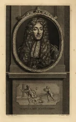 Kung James II av England, James VII av Skottland, Jacques II Roy d’Angleterre. I peruk, spetsduk, kedja med figur av St. George och draken. Vinjett visar en romersk kejsare som förlorar sin krona till en soldat. Kopparstick av Jean Audran efter Ad