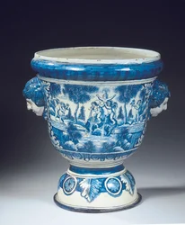 Stor Delfts blå och vit mytologisk trädgårdsurna i barockstil, ca 1700 (keramik)