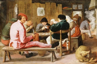 Boors röker och dricker vid ett bord i en krog, c.1625