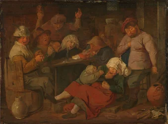 Nederländska: värdshus med berusade bönder Fattigfolk som dricker på en taverna