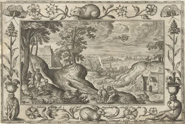 Abraham offrar Isak Landskap med bibliska, mytologiska scener och jaktscener (serietitel)